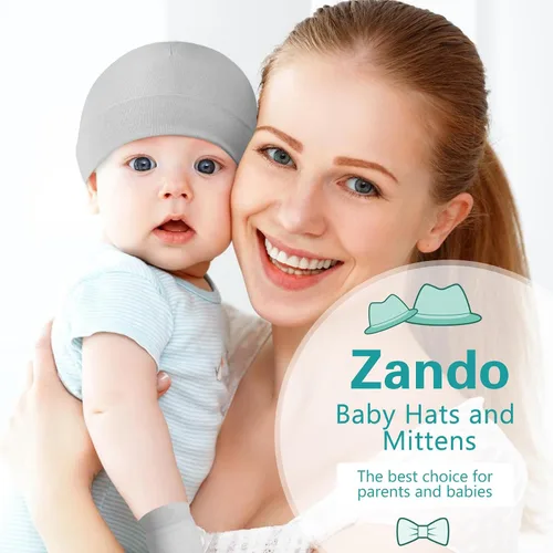 Vista 6 de Zando Gorros y manoplas unisex para bebés, gorro de hospital para recién nacidos, con guantes antiarañazos, conjunto para bebés y niños
