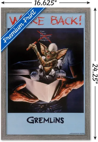 Vista 3 de Gremlins - Póster de pared con texto en inglés «We're Back», 22.4 pulgadas de largo x 14.7 pulgadas de ancho, versión enmarcada de madera de granero