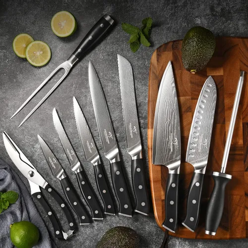 Vista 5 de Juego de cuchillos de cocina, juego de cuchillos de cocina de Damasco de 18 piezas con bloque, mango ergonómico de ABS para juego de cuchillos