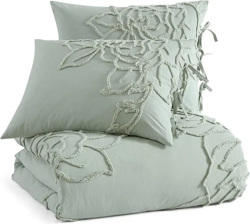 Vista 2 de Peri Home Juego de edredón y fundas de almohada de 3 piezas, 100% algodón, color verde chenilla rosa, matrimonial/queen