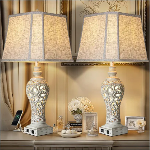 Vista 12 de Juego de 2 lámparas de mesa de noche con luz nocturna y puertos USB A+C, lámparas de mesa vintage de 27" de alto con acabado de hoja de plata