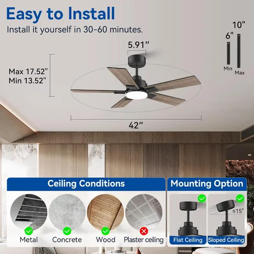 Vista 3 de Ventilador de techo inteligente de 42 pulgadas con control remoto de luces Montaje empotrado en negro y nogal