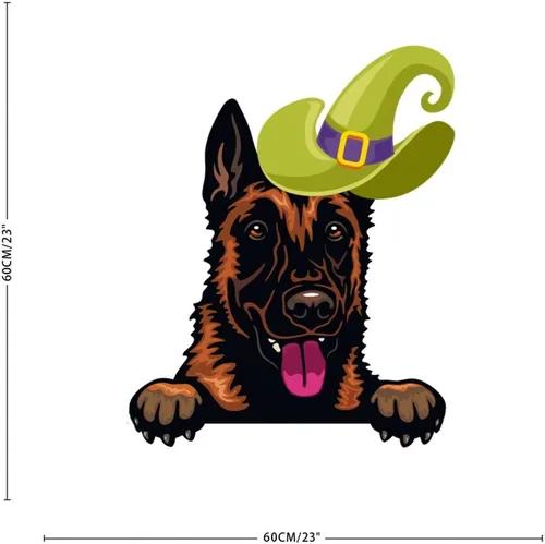 Vista 5 de Calcomanías de pared de Halloween con diseño de brujas y malinois, calcomanías de Halloween con texto en inglés "Happy Halloween" para decoración