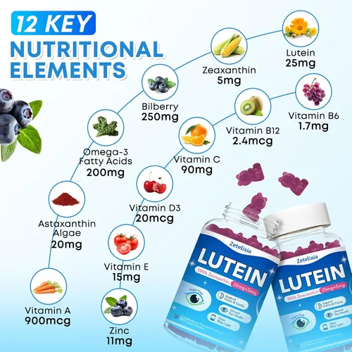 Vista 4 de Gomitas de luteína, suplementos de luteína y zeaxantina 12 en 1, vitaminas oculares para adultos, suplemento de salud ocular con múltiples vitaminas