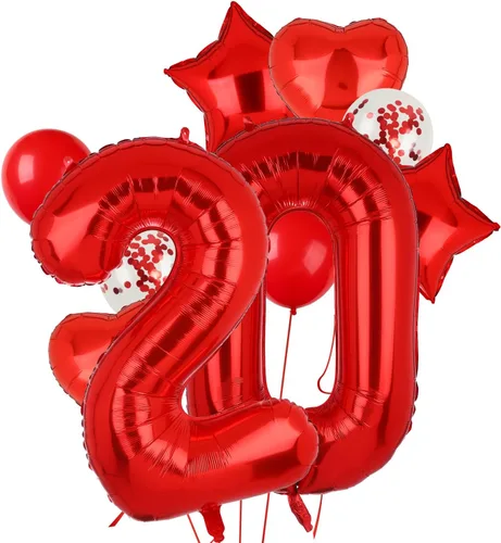 Vista 20 de Globos rojos de 40 pulgadas con números de Mylar para decoración de fiesta de cumpleaños número 10 Globos digitales de helio, 10 suministros