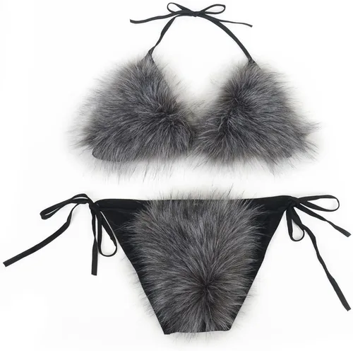 Vista 15 de ZOSCGJMY Conjunto de bikini de dos piezas de piel sintética para mujer Beige