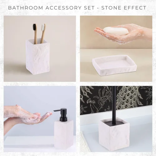 Vista 5 de Colección Stone Effect - Juego de accesorios de baño, color blanco, 4 piezas