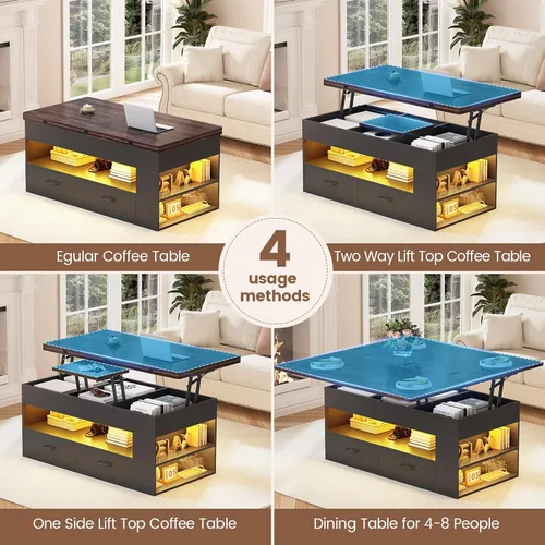 Vista 5 de Itaar - Mesa auxiliar con tapa elevable, mesa de centro 4 en 1 con almacenamiento y compartimento oculto, mesa de centro de estilo granja con 2