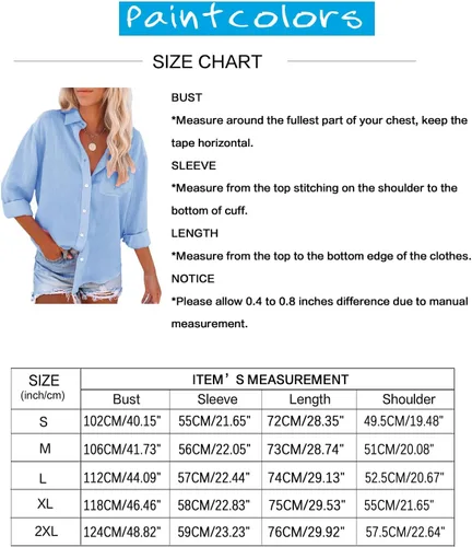 Vista 3 de Paintcolors Camisas de algodón con botones para mujer, de manga larga, cuello en V, estilo casual, color liso, con bolsillos