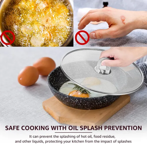 Vista 4 de 3 protectores contra salpicaduras, pantalla de acero inoxidable, a prueba de salpicaduras, cubierta de salpicaduras de aceite con mango plegable