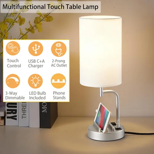 Vista 3 de Dreamholder - Lámpara de mesa con control táctil USB, lámpara de noche mejorada de 3 vías regulables con puertos de carga USB C y A y tomacorriente