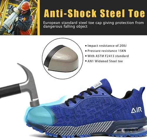 Vista 2 de HiHatide - Zapatos con punta de acero para hombre, zapatos de trabajo, zapatos de seguridad, con amortiguación de aire, ligeros, antideslizantes