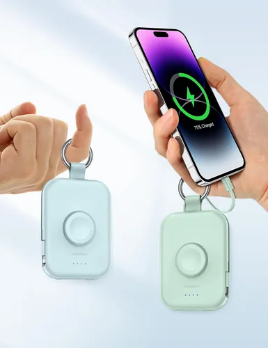 Vista 6 de RORRY Cargador portátil, batería externa portátil de 5000 mAh con cables integrados, paquete de batería en llavero de viaje para Apple Watch Negro