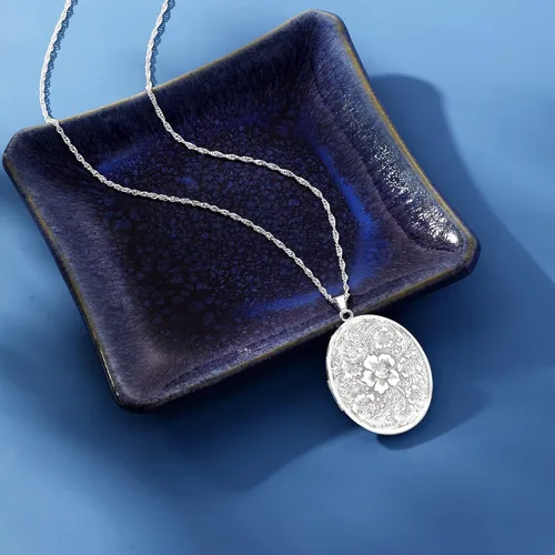 Vista 6 de Ross-Simons Sterling Silver Personalized Floral Locket Necklace