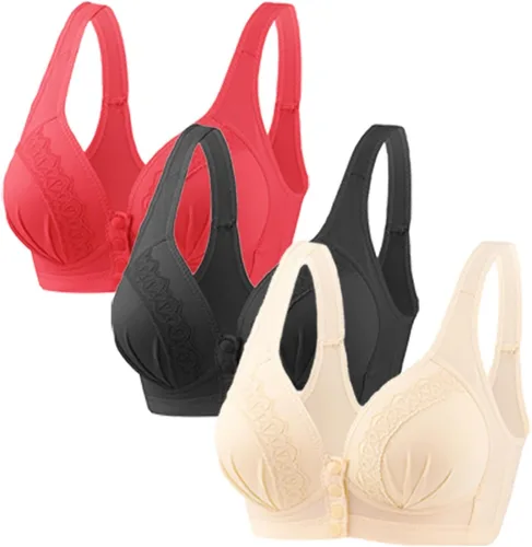 Vista 4 de Glamorette Snap Front Bra Older Women,Snap Front Bra, Sexy Lace Embroidered Bras,Pull-On Front Closure Button Bras 3 unidades de color negro.