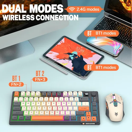 Vista 4 de 75 % Combo de Teclado y Mouse para Juegos Inalámbrico, Modo Tri BT5.0/2.4GHz/USB-C, Teclado Retroiluminado RGB + Ratón 3D 1600DPI, Batería 2000mAh