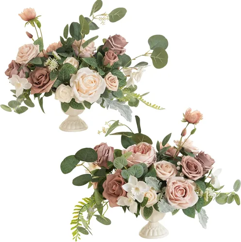 Vista 10 de Ling's moment Flores artificiales magenta con jarrón para decoración de mesa de boda, ramo de centro de mesa, maceta para ceremonia, recepción