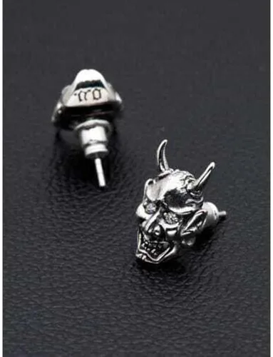 Vista 4 de Pendientes de plata de ley con diseño de calavera y máscara de Oni, Plata de ley Diamante, Circonia cúbica