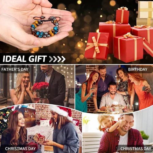 Vista 19 de MIDON - Pulsera de ojo de tigre, pulsera de triple protección para hombres y mujeres, hecha a mano, cuentas de ojo de tigre, hematita y obsidiana