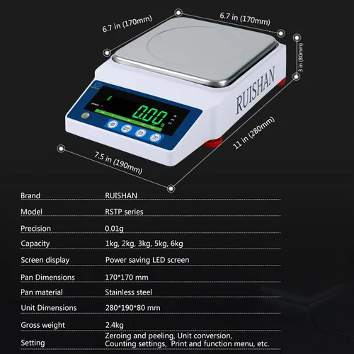 Vista 4 de Báscula Científica de Precisión de Laboratorio RUISHAN 1000g x 0.01g g/lb/oz/ct Escala de 0.01 Gramo, Báscula de Laboratorio, Báscula