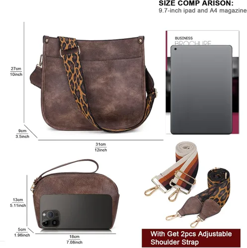 Vista 2 de HKCLUF Bolso cruzado para mujer, 2 piezas, de cuero, con 2 correas ajustables de leopardo, bolsa cruzada