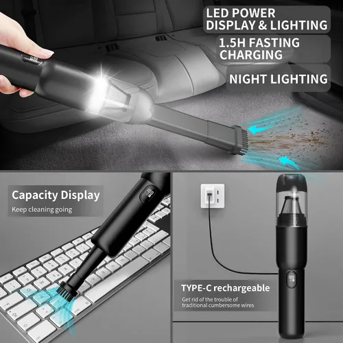 Vista 5 de Aspiradora de mano para automóvil, inalámbrica portátil de 20 KPA, potente succión con luz LED, inflador de aire 2 en 1, mini recargable de bajo