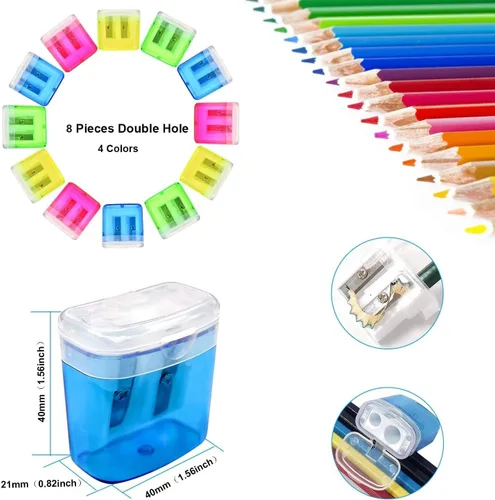 Vista 2 de ForTomorrow Sacapuntas manuales para niños, paquete de 8 sacapuntas pequeños de mano de doble agujero con tapa para escuela, aula, oficina en casa