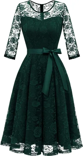 Vista 9 de Dressystar Vestido de encaje floral para mujer, corto, para dama de honor, con cuello transparente B- Borgoña