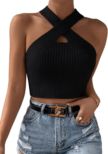 Vista 4 de SweatyRocks Camiseta sin mangas casual con cuello halter cruzado para mujer, de punto acanalado