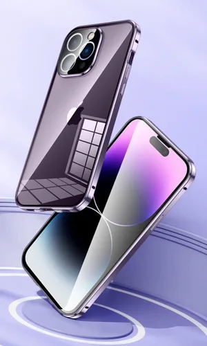 Vista 5 de Funda magnética transparente para iPhone 14 de vidrio con protector de lente de cámara, protector de pantalla integrado sensible al tacto Negro