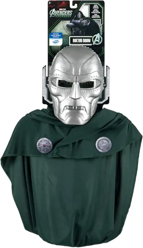 Vista 2 de Marvel Doctor Doom - Juego de máscara y capa oficial de Halloween para jóvenes, máscara de plástico de alta calidad con capa con capucha