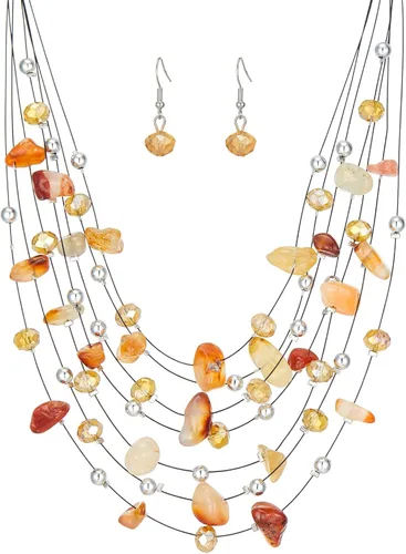Vista 7 de Collar de cuentas de concha bohemia de varias capas para mujer, hebra de cristal colorida con cuentas plateadas, collares y aretes, disfraces