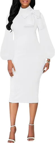 Vista 4 de BestGirl Vestidos ajustados de manga obispo para mujer, vestidos de trabajo casuales con estampado floral