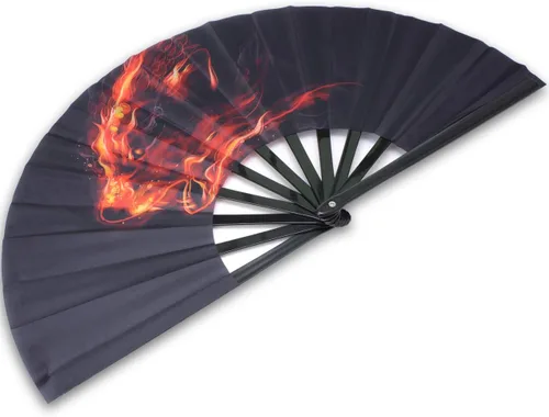 Vista 2 de Abanicos plegables decorativos, ventilador de mano chino, japonés, ventilador rave, ventilador de tela de nailon para mujeres/hombres (lobo de fuego)