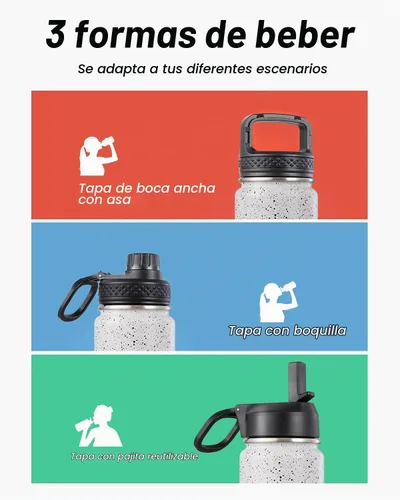 Vista 5 de Coolflask Botella de agua de 24 onzas aislada con pajilla, 3 tapas de metal de acero inoxidable, botella de agua de boca ancha para deportes u