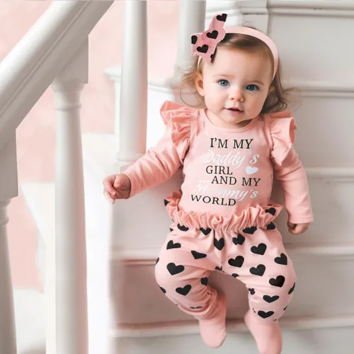 Vista 7 de Edelqual Conjunto de 3 piezas de ropa para bebé niña recién nacida, mameluco de corazón, pantalones, diadema