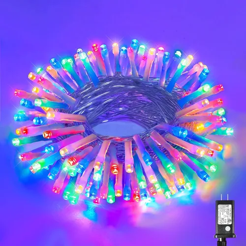 Vista 33 de Guirnalda de luces navideñas con 100 LEDs, tira de 33 pies, 8 modos, conectable, impermeable, parpadeante, con temporizador y memoria, para Azul