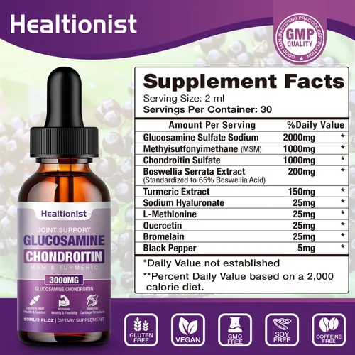 Vista 2 de 1 paquete de gotas líquidas de glucosamina condroitina MSM, suplemento de apoyo articular extra fuerte para adultos, hombres y mujeres, quercetina
