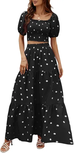 Vista 4 de Rooscier Conjunto de 2 piezas para mujer con blusa corta fruncida y falda larga para playa