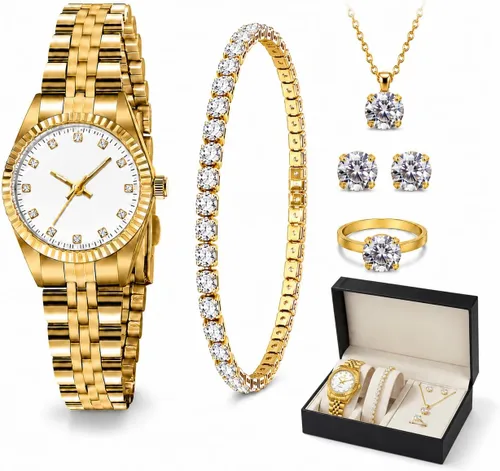 Vista 12 de Juego de reloj de oro para mujer, chapado en oro de 18 quilates, brazalete brazalete anillo para mujer, delicado reloj analógico impermeable