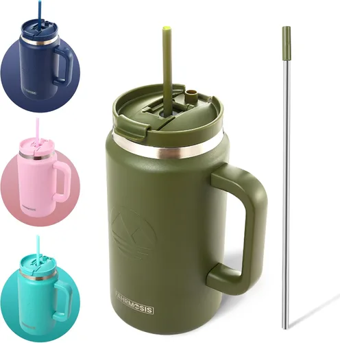 Vista 13 de FAHRMOSIS Vaso de 40 onzas con asa y pajita, taza aislada que cabe en el portavasos para bebidas frías y calientes, vaso a prueba de fugas