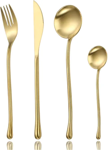 Vista 10 de JASHII Juego de cubiertos dorados mate, servicio para 2, juego de cubiertos de acero inoxidable 18/10 con acabado satinado, utensilios de cocina