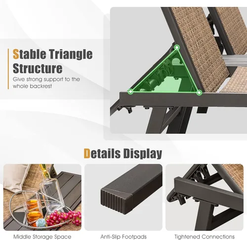 Vista 8 de COSTWAY Patio 2-Persona Chaise Lounge Chair 6-Posición Trasera Ajuste Panel Medio