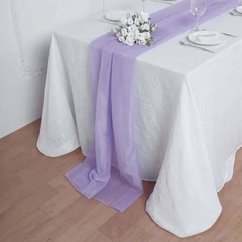 Vista 24 de Tableclothsfactory Camino de mesa de gasa de amatista de 22 x 80 pulgadas para bodas, fiestas, banquetes, decoración, ajuste rectangular y mesa