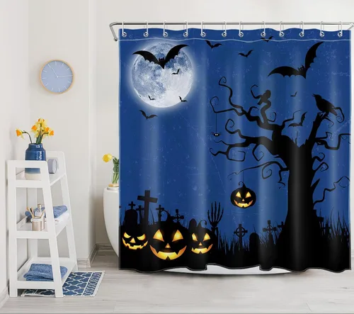 Vista 7 de LB Halloween Shower Curtain Horror Pumpkin Lights with Dead Tree Bat Crow on Blue Background Bathroom Shower Curtain Full Moon Bathroom Decor with