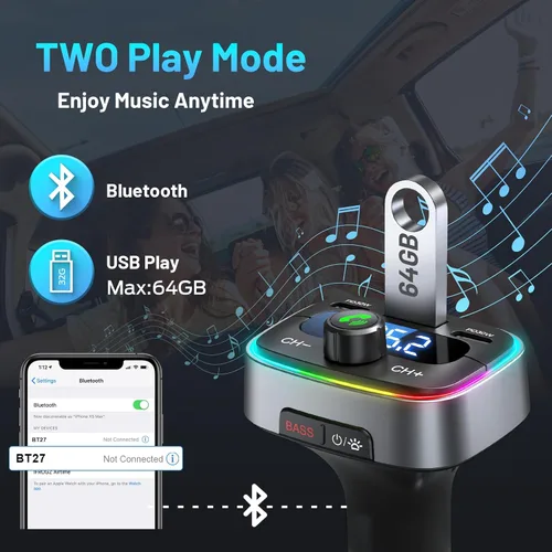 Vista 7 de Adaptador Bluetooth 5.4 de 60 W de carga USB Bluetooth adaptador para coche, radio transmisor FM inalámbrico, llamadas manos libres y receptor