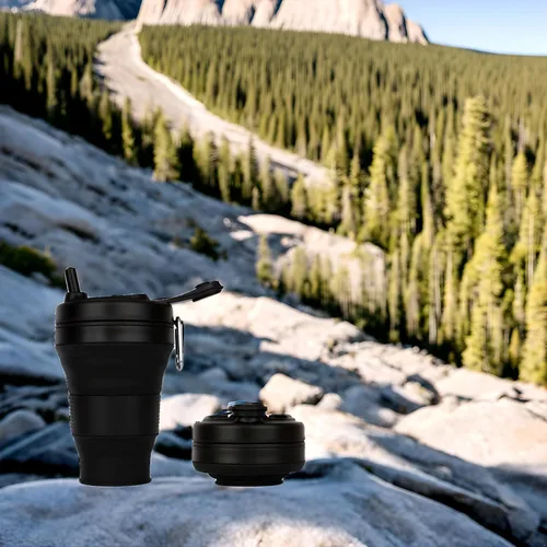 Vista 5 de Taza de Café de Silicona con Pajita y Tapa, Tazas Plegables para Viajar, 20oz, Taza de Agua Plegable Ligera para Picnic, Senderismo, Camping, Negro