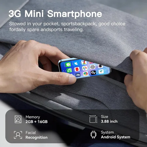 Vista 6 de 3G Mini Smartphone Sistema Android Desbloqueado Pantalla Táctil HD de 3.88 pulgadas Mini Teléfono Cámaras Duales SIM Dual Móvil Compacto Adecuado