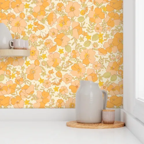 Vista 8 de Papel tapiz para despegar y pegar, diseño floral vintage de los años 70, flores amarillas melocotón, papel tapiz extraíble personalizado Spoonflower