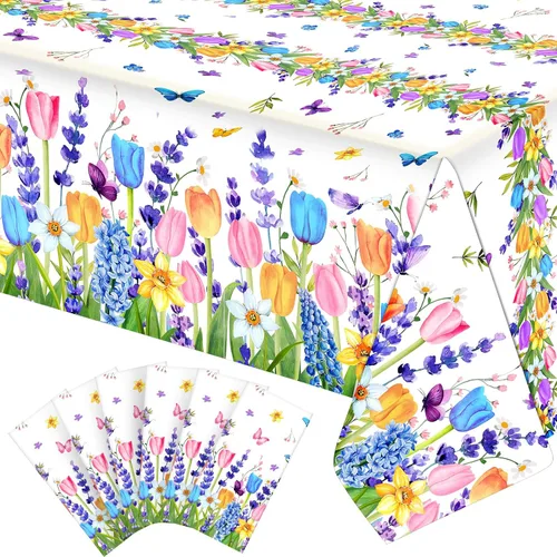 Vista 8 de 3 manteles florales desechables de plástico, mantel rectangular de tulipán lavanda, mantel de primavera y verano para mesa rectangular, hogar